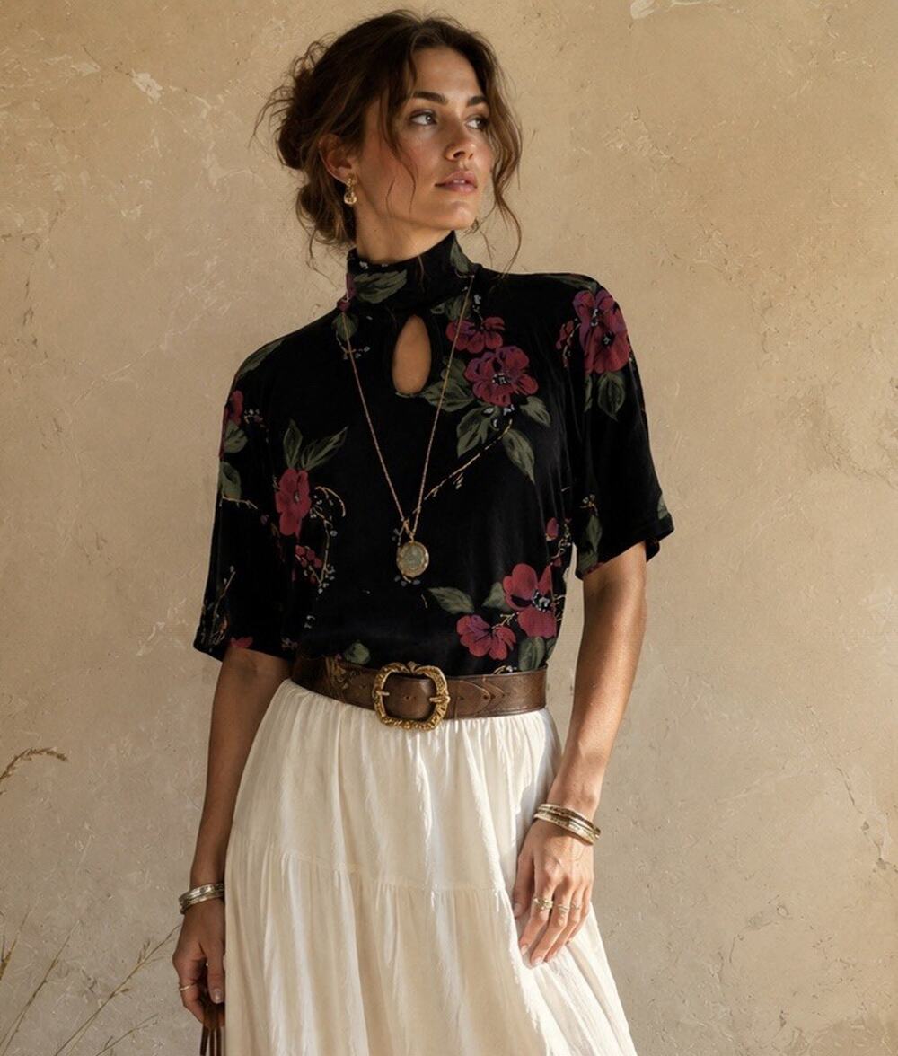 Vintage Susan Lawrence Floral Mock Neck Keyhole Blouse Cottagecore Boho Size XL